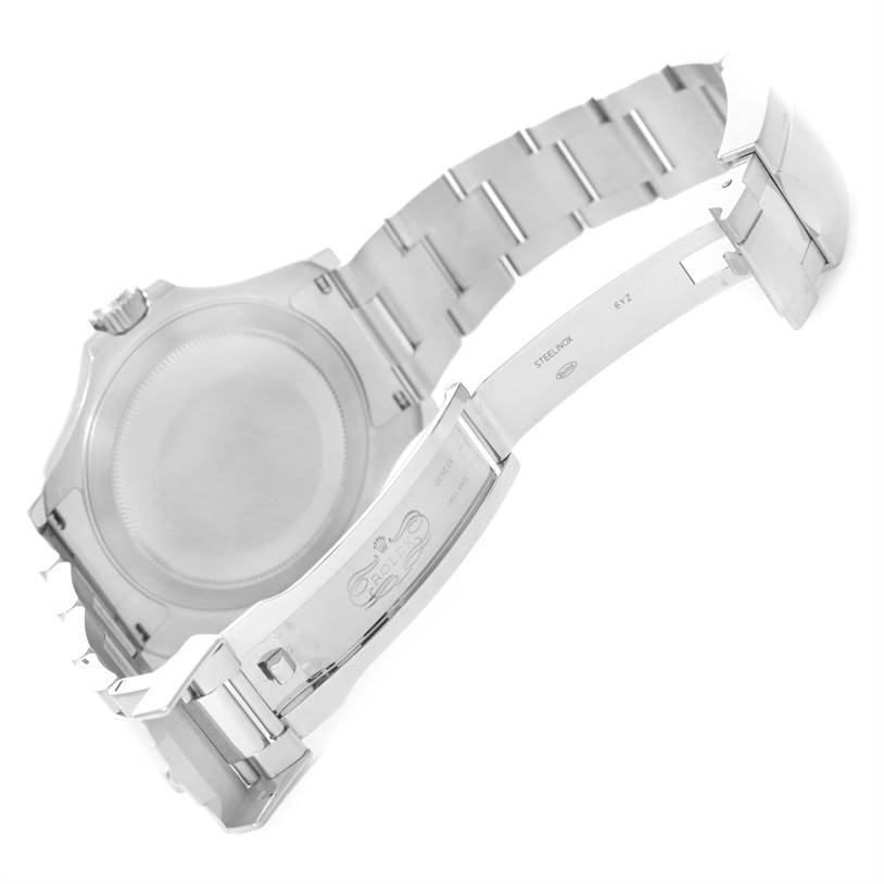 The image shows the back and bracelet clasp of a Rolex Yacht-Master 116622 Men's Stainless Steel Blue Dial 116622 Men's Stainless Steel Blue Dial watch from an underside angle.