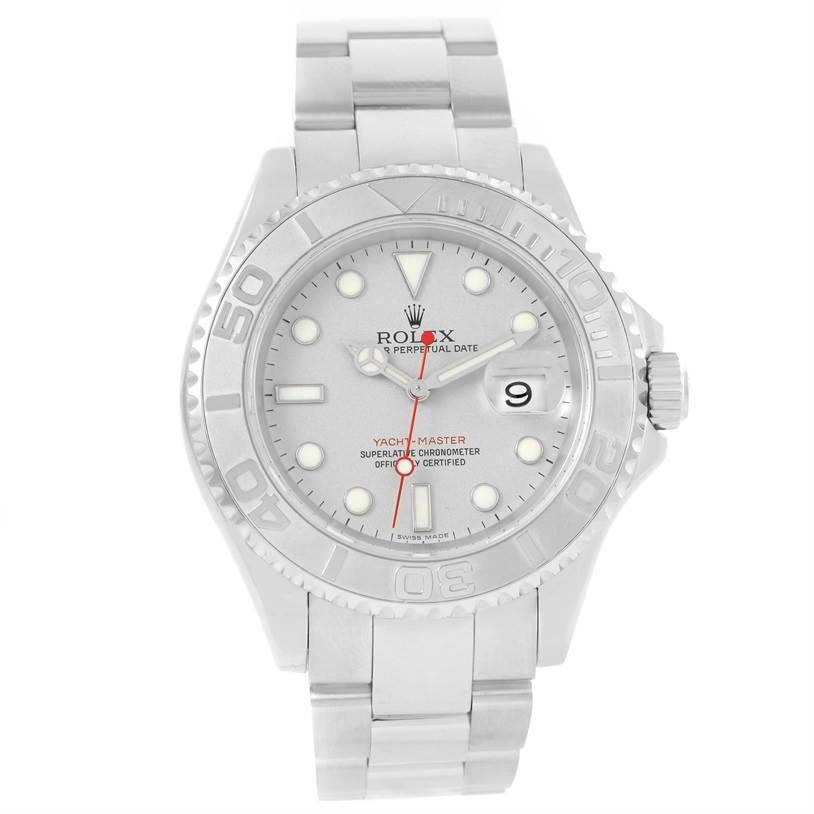 The image shows a front view of a Rolex Yacht-Master 16622 Men's Stainless Steel Silver Dial 16622 Men's Stainless Steel Silver Dial watch, displaying the dial, bezel, bracelet, and crown.