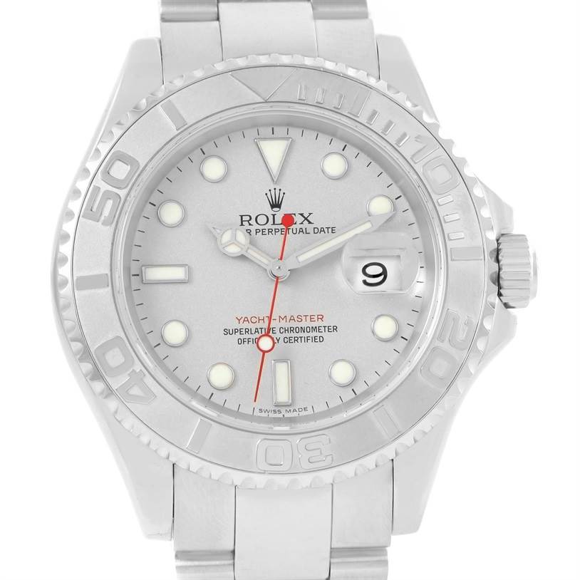 This is a frontal view of a Rolex Yacht-Master 16622 Men's Stainless Steel Silver Dial 16622 Men's Stainless Steel Silver Dial watch, showcasing its face, bezel, and part of the bracelet.