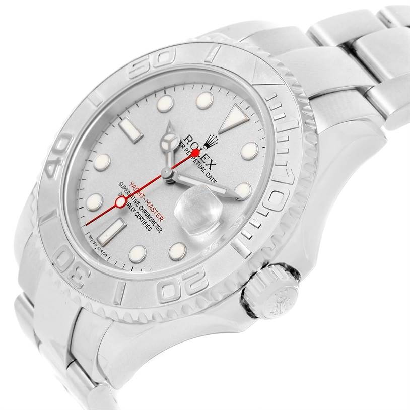 The image shows an angled view of the Rolex Yacht-Master 16622 Men's Stainless Steel Silver Dial 16622 Men's Stainless Steel Silver Dial watch, highlighting the watch face, bezel, crown, and part of the bracelet.