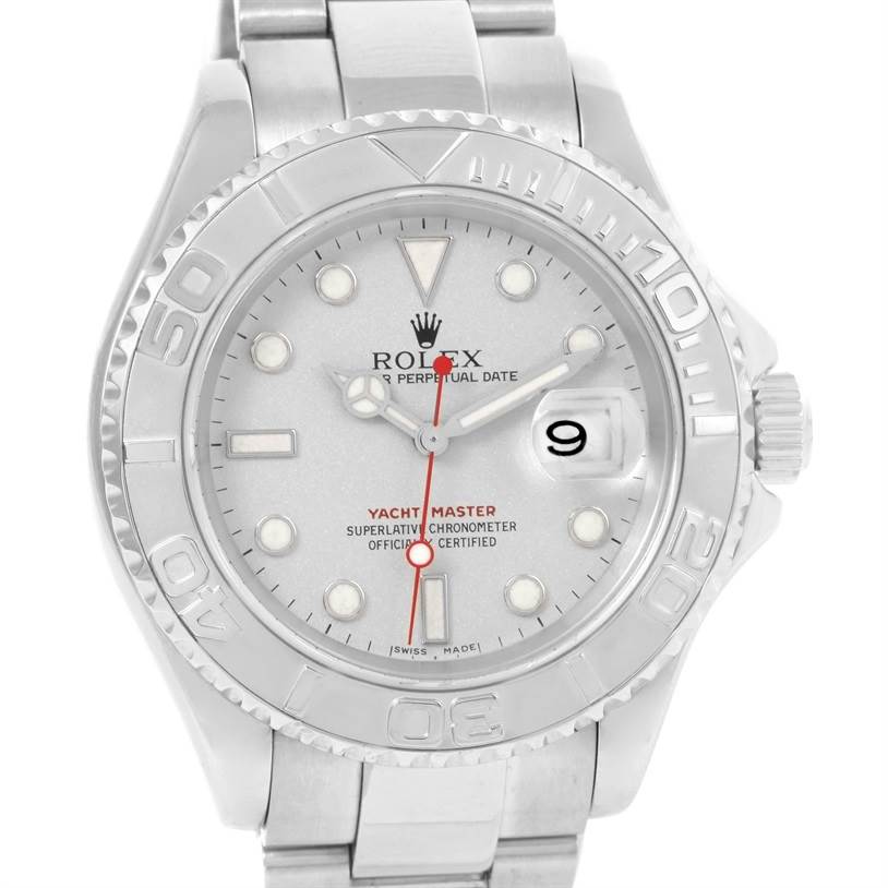 This Rolex Yacht-Master 16622 Men's Stainless Steel Silver Dial 16622 Men's Stainless Steel Silver Dial watch is shown from a front angle, displaying the face, bezel, and part of the bracelet.