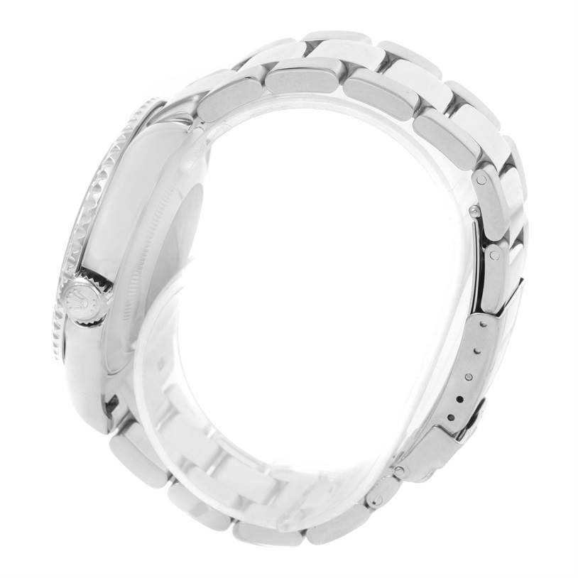 This image shows a side view of the Rolex Yacht-Master 16622 Men's Stainless Steel Silver Dial 16622 Men's Stainless Steel Silver Dial watch, highlighting its bezel, case, crown, and bracelet.