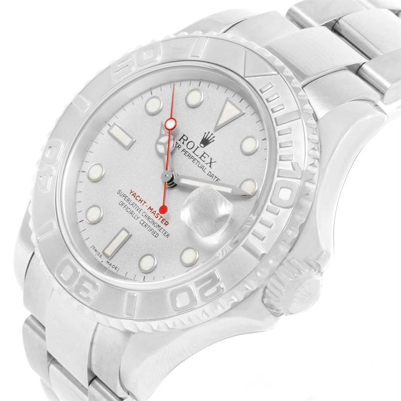 The image shows a close-up angle of the dial, bezel, and bracelet of a Rolex Yacht-Master 16622 Men's Stainless Steel Silver Dial 16622 Men's Stainless Steel Silver Dial watch.