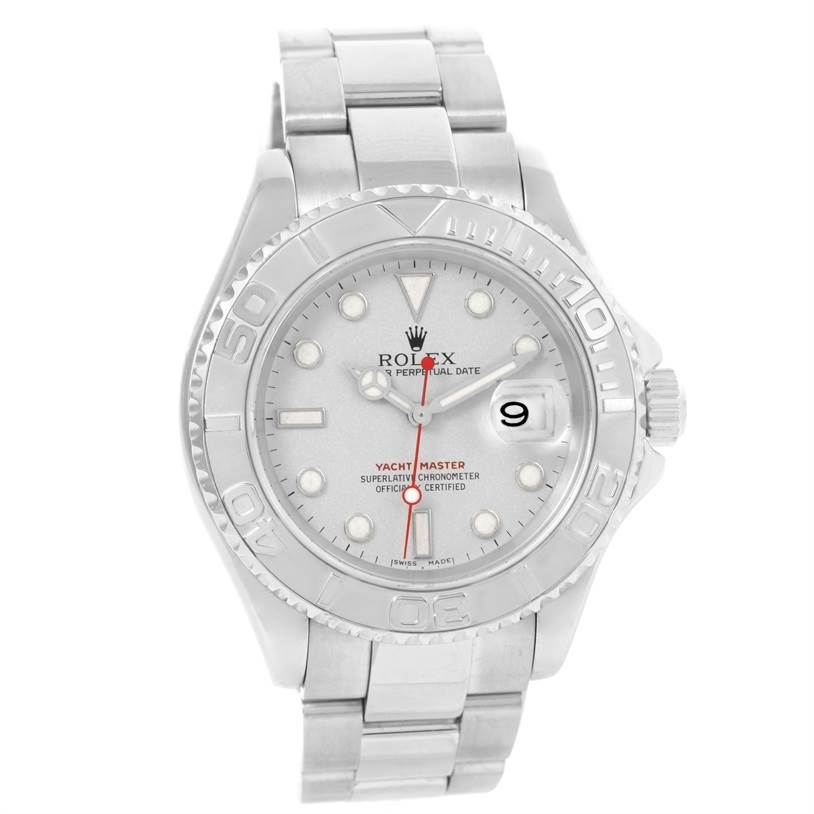 This Rolex Yacht-Master 16622 Men's Stainless Steel Silver Dial 16622 Men's Stainless Steel Silver Dial watch is shown from a front angle, displaying its face, bezel, and bracelet clearly.