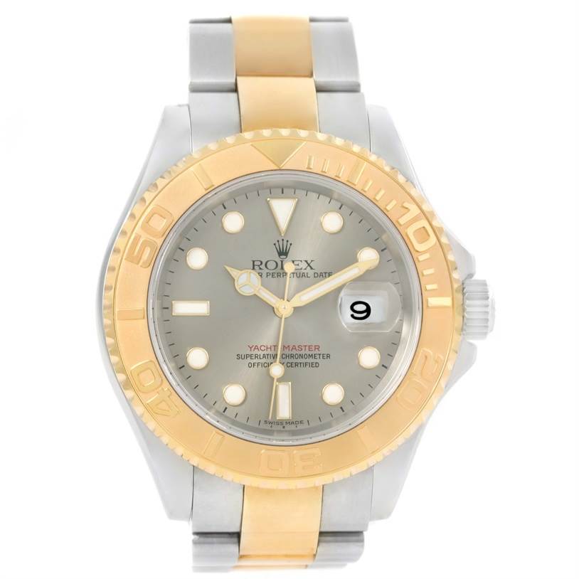 The image shows a front angle of a Rolex Yacht-Master 16623 Men's Stainless Steel Grey Dial 16623 Men's Stainless Steel Grey Dial watch featuring a two-tone bracelet, gold bezel, and a gray dial with date display.