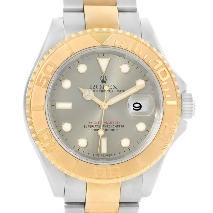 The image shows a front view of a Rolex Yacht-Master 16623 Men's Stainless Steel Grey Dial 16623 Men's Stainless Steel Grey Dial watch featuring a gold bezel and two-tone metal bracelet.