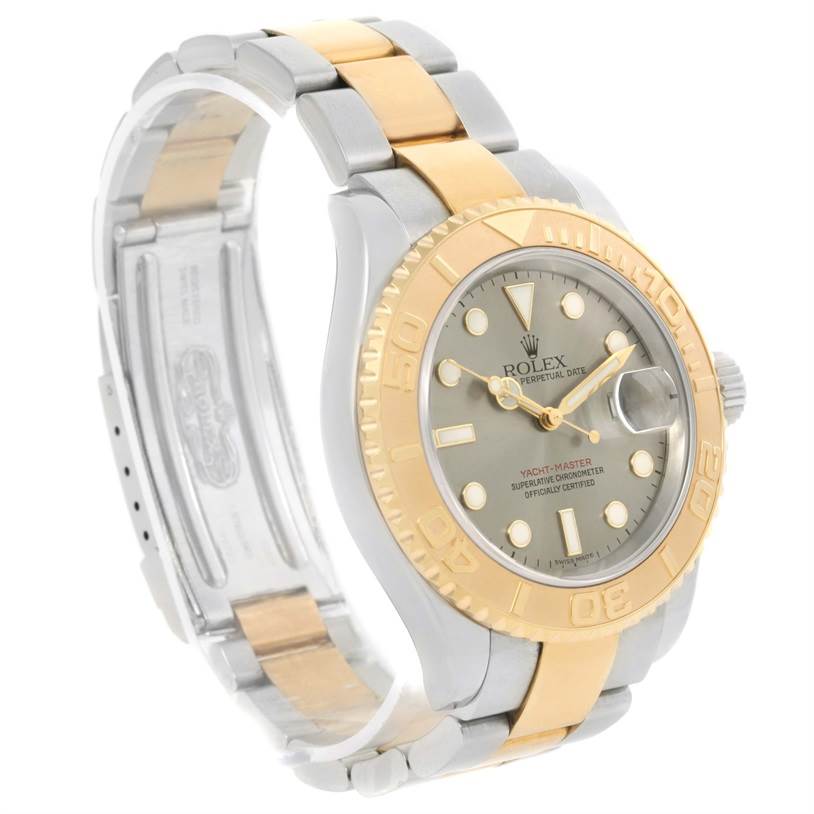 The Rolex Yacht-Master 16623 Men's Stainless Steel Grey Dial 16623 Men's Stainless Steel Grey Dial watch is shown at an angle highlighting the face, bezel, and bracelet.