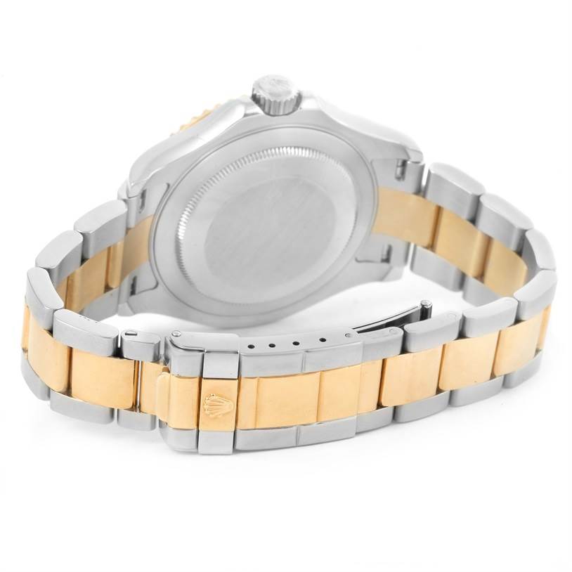 The image shows the back view of the Rolex Yacht-Master 16623 Men's Stainless Steel Grey Dial 16623 Men's Stainless Steel Grey Dial watch, displaying its two-tone bracelet and case back.
