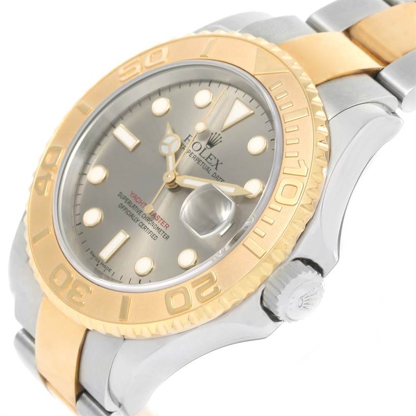 The image shows a close-up angled view of a Rolex Yacht-Master 16623 Men's Stainless Steel Grey Dial 16623 Men's Stainless Steel Grey Dial watch, highlighting the bezel, dial, and part of the bracelet.