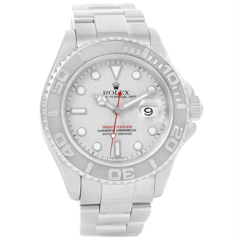 The image shows a front view of a Rolex Yacht-Master 16622 Men's Stainless Steel Silver Dial 16622 Men's Stainless Steel Silver Dial watch, displaying the dial, date window, bezel, and bracelet.