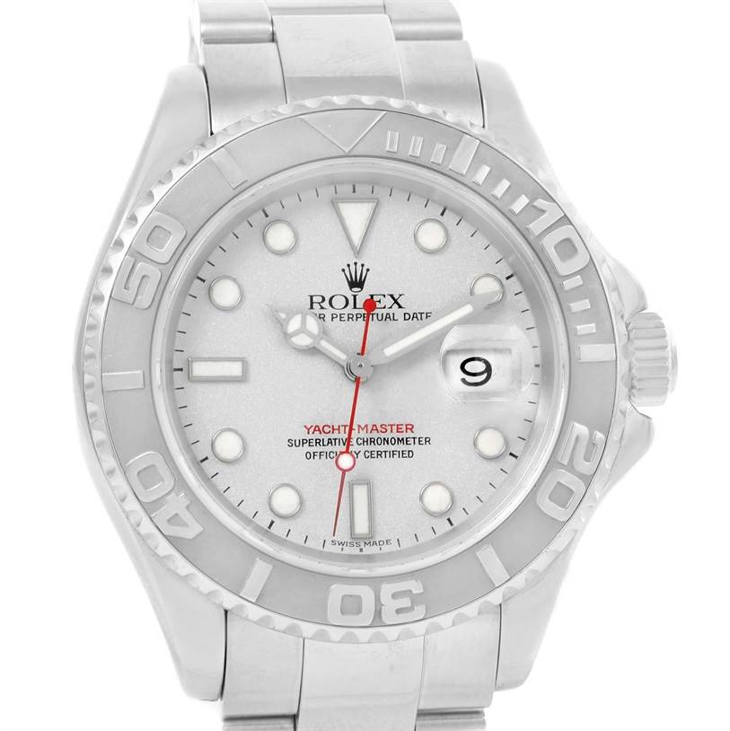 This image shows a frontal view of a Rolex Yacht-Master 16622 Men's Stainless Steel Silver Dial 16622 Men's Stainless Steel Silver Dial watch, including the dial, bezel, and part of the bracelet.
