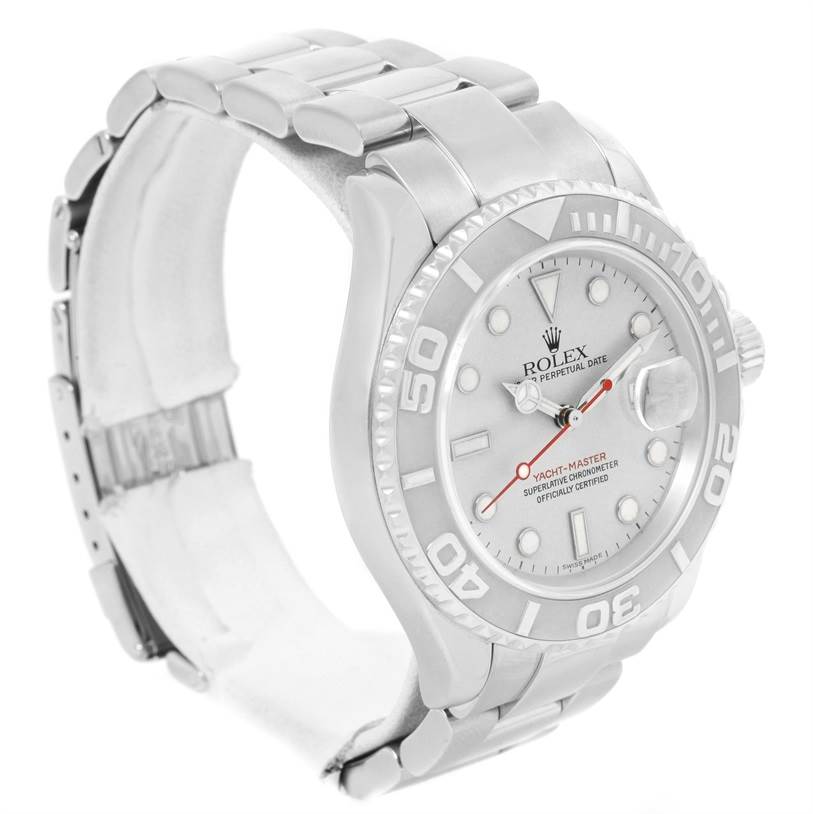 The image shows a side-front angle view of a Rolex Yacht-Master 16622 Men's Stainless Steel Silver Dial 16622 Men's Stainless Steel Silver Dial watch, displaying its dial, bezel, and bracelet.