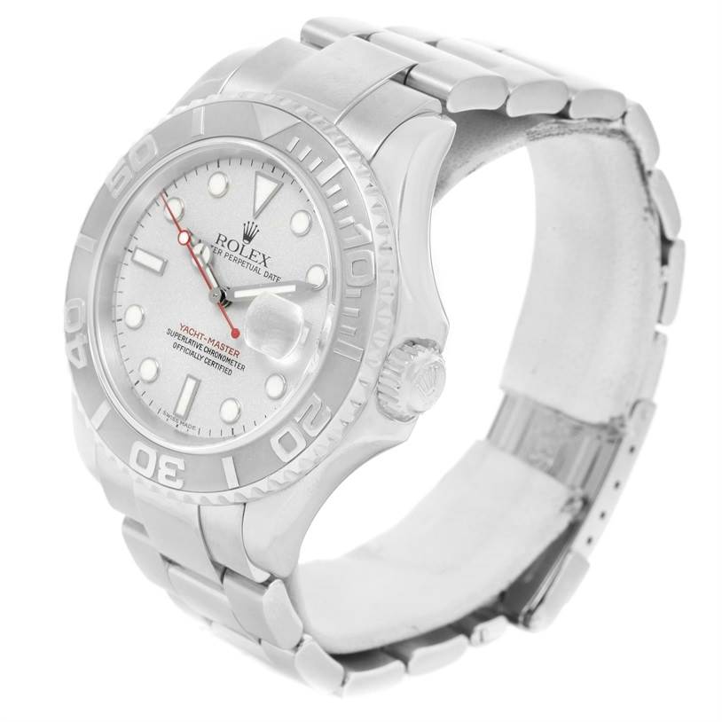 The image shows a Rolex Yacht-Master 16622 Men's Stainless Steel Silver Dial 16622 Men's Stainless Steel Silver Dial watch at a 3/4 angle, highlighting the bezel, bracelet, crown, and dial.