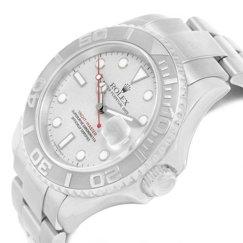 The image shows a Rolex Yacht-Master 16622 Men's Stainless Steel Silver Dial 16622 Men's Stainless Steel Silver Dial watch at a three-quarter angle, highlighting the dial, bezel, and bracelet.