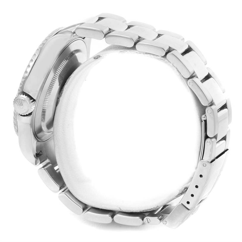 The image shows a side view of a Rolex Yacht-Master 16622 Men's Stainless Steel Silver Dial 16622 Men's Stainless Steel Silver Dial watch focusing on the crown and bracelet.