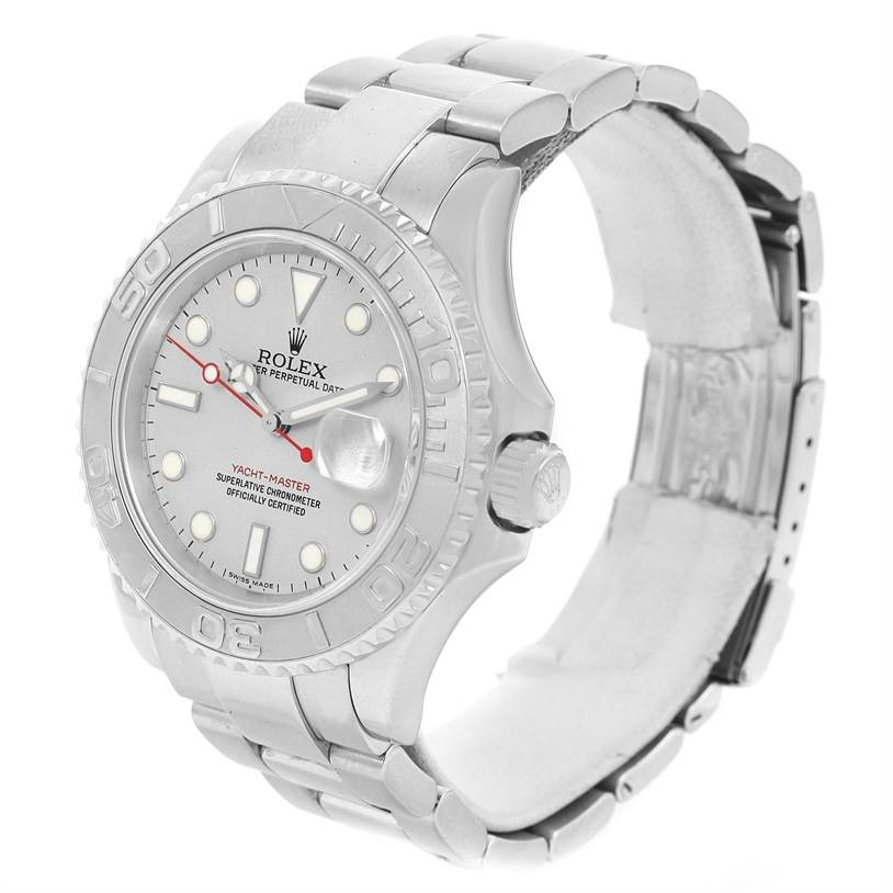 The image shows a Rolex Yacht-Master 16622 Men's Stainless Steel Silver Dial 16622 Men's Stainless Steel Silver Dial watch, angled to display the full face, bezel, crown, and bracelet.