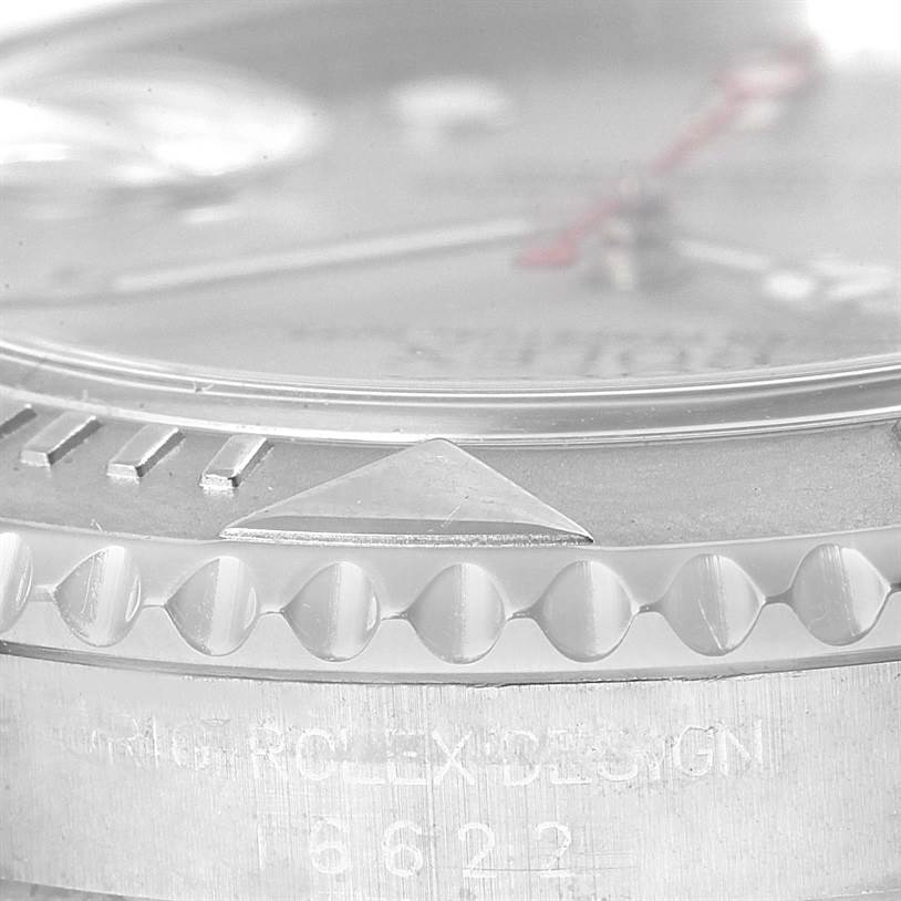 Close-up of the dial and bezel of a Rolex Yacht-Master 16622 Men's Stainless Steel Silver Dial 16622 Men's Stainless Steel Silver Dial watch, showing the brand engraving and bezel texture.