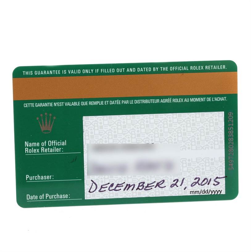 This image shows a Rolex guarantee card for the Yacht-Master model, including purchase details and official retailer name fields.