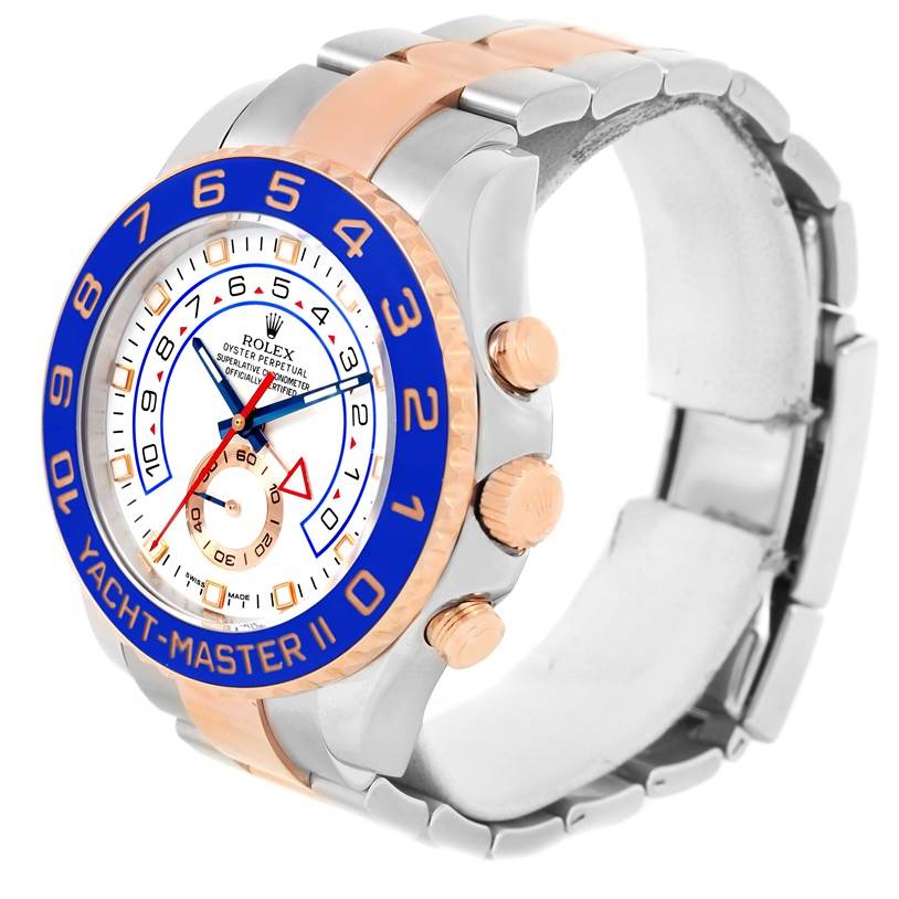 The image shows a Rolex Yacht-Master 116681 Men's Steel and Gold (two tone) White Dial 116681 Men's Steel and Gold (two tone) White Dial II watch at a three-quarter angle, displaying the bezel, face, crown, and part of the band.