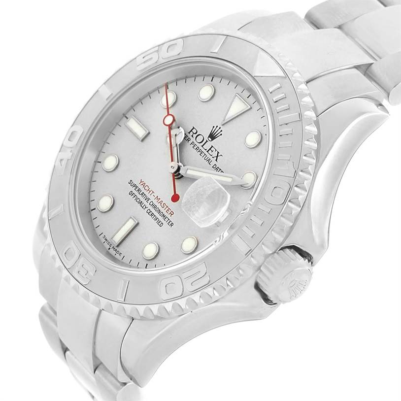The image shows a close-up, angled view of a Rolex Yacht-Master 16622 Men's Stainless Steel Silver Dial 16622 Men's Stainless Steel Silver Dial watch, highlighting the face, bezel, and part of the bracelet.