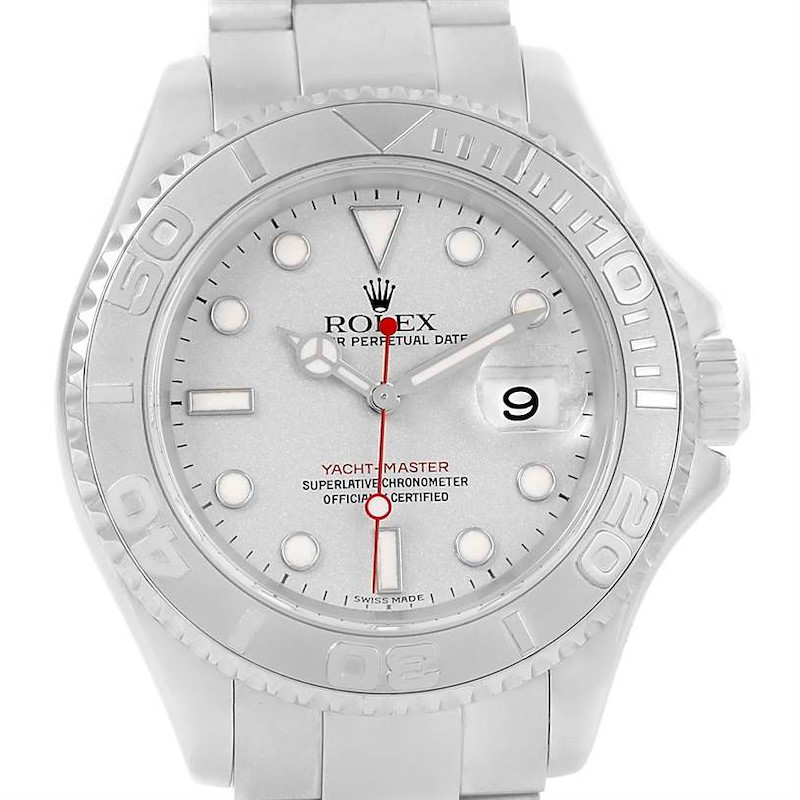 The image shows a front view of the Rolex Yacht-Master watch, focusing on its dial, bezel, and part of the bracelet.