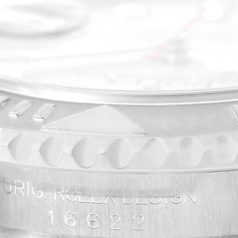This image shows a close-up angle of the bezel and case of a Rolex Yacht-Master 16622 Men's Stainless Steel Silver Dial 16622 Men's Stainless Steel Silver Dial watch, highlighting the model number 16622.