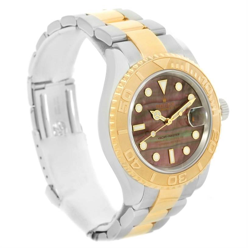 This image shows a Rolex Yacht-Master 16623 Men's Stainless Steel Mother of Pearl Dial 16623 Men's Stainless Steel Mother of Pearl Dial watch at a three-quarter angle highlighting its two-tone bezel, face, and bracelet.
