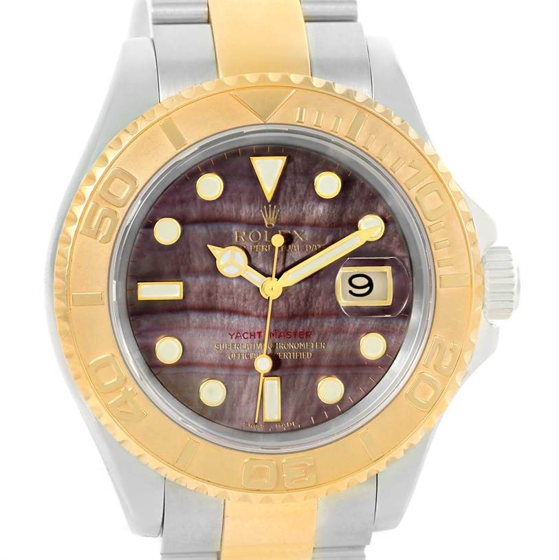 The image shows a Rolex Yacht-Master 16623 Men's Stainless Steel Mother of Pearl Dial 16623 Men's Stainless Steel Mother of Pearl Dial watch from a front angle, highlighting the bezel, dial, hands, markers, and date window.