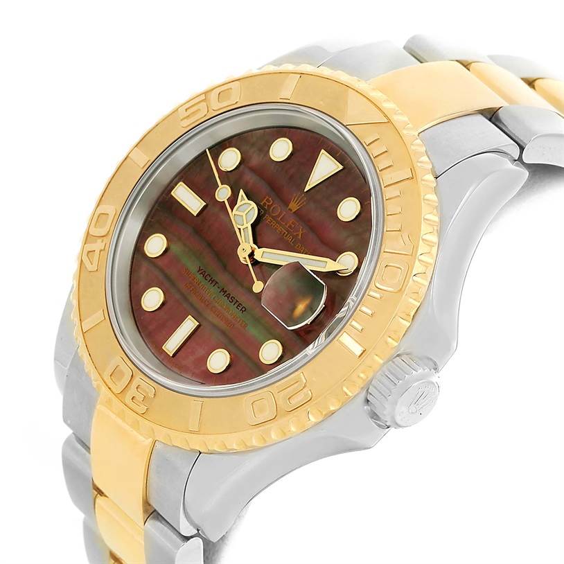 The Rolex Yacht-Master 16623 Men's Stainless Steel Mother of Pearl Dial 16623 Men's Stainless Steel Mother of Pearl Dial watch is shown at a slight angle, highlighting its gold bezel and two-tone bracelet.