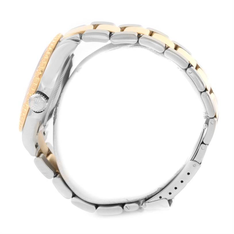 The image shows a side profile of a Rolex Yacht-Master 16623 Men's Stainless Steel Mother of Pearl Dial 16623 Men's Stainless Steel Mother of Pearl Dial watch, highlighting its bezel, case, crown, and bracelet.