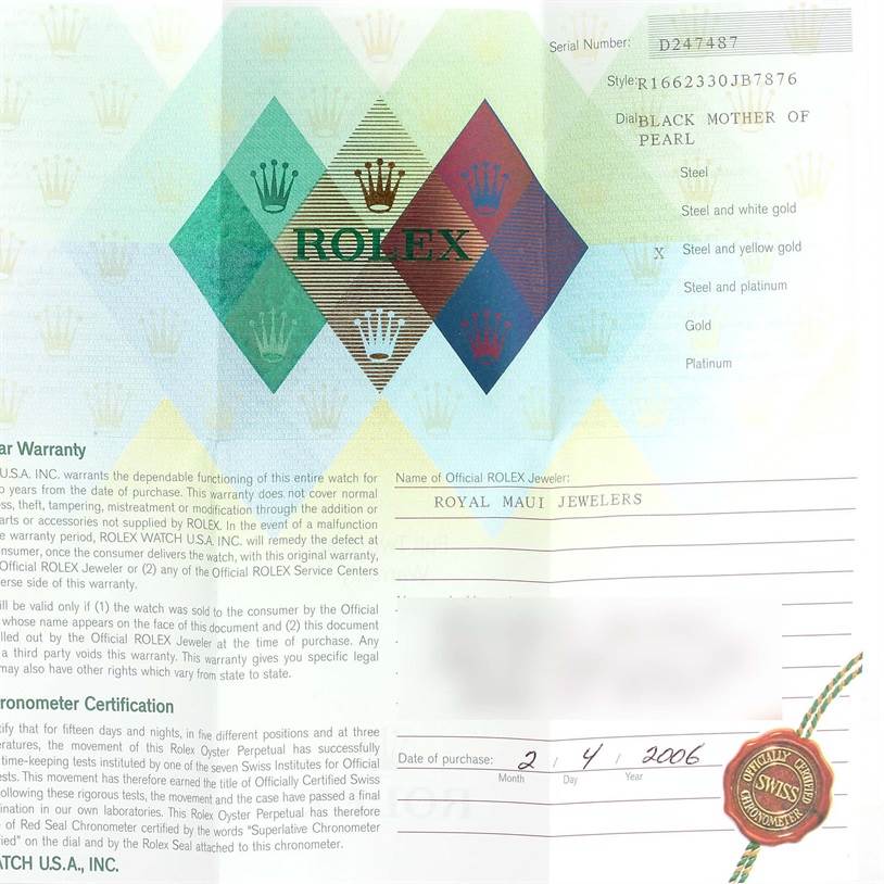 This image shows a warranty document for a Rolex Yacht-Master 16623 Men's Stainless Steel Mother of Pearl Dial 16623 Men's Stainless Steel Mother of Pearl Dial watch, listing the model, serial number, and purchasing details.