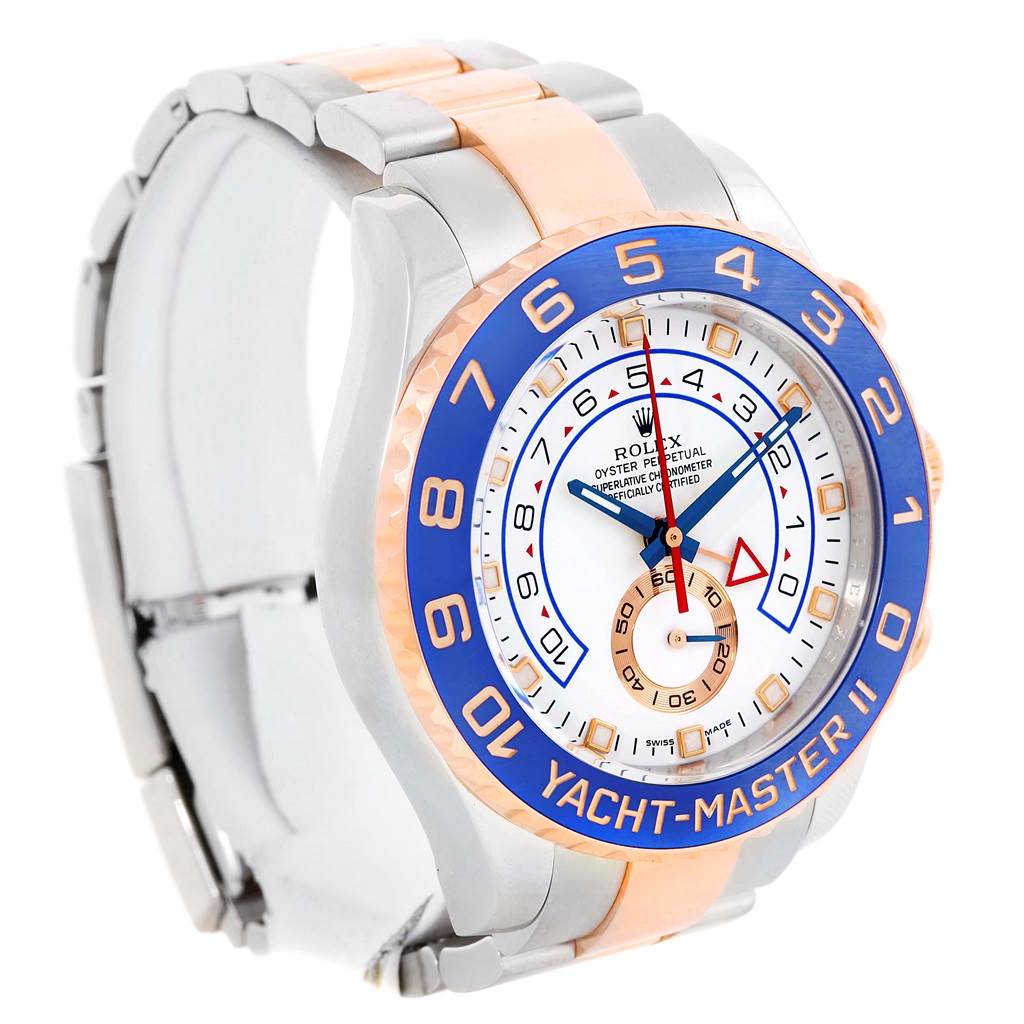 The Rolex Yacht-Master 116681 Men
s Steel and Gold (two tone) White Dial 116681 Men
s Steel and Gold (two tone) White Dial watch is shown at a slight angle, displaying the face, bezel, and part of the strap.