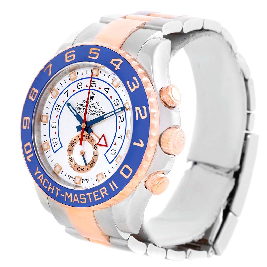 The Rolex Yacht-Master 116681 Men
s Steel and Gold (two tone) White Dial 116681 Men
s Steel and Gold (two tone) White Dial watch is shown at a three-quarter angle, displaying the face, bezel, and bracelet.