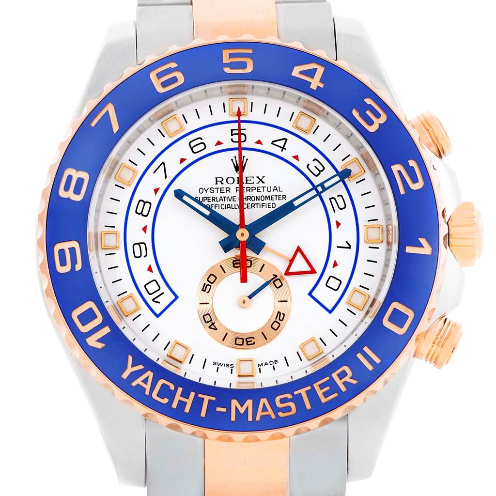 The image shows a front view of the Rolex Yacht-Master 116681 Men
s Steel and Gold (two tone) White Dial 116681 Men
s Steel and Gold (two tone) White Dial watch, highlighting its dial, bezel, and part of the strap.