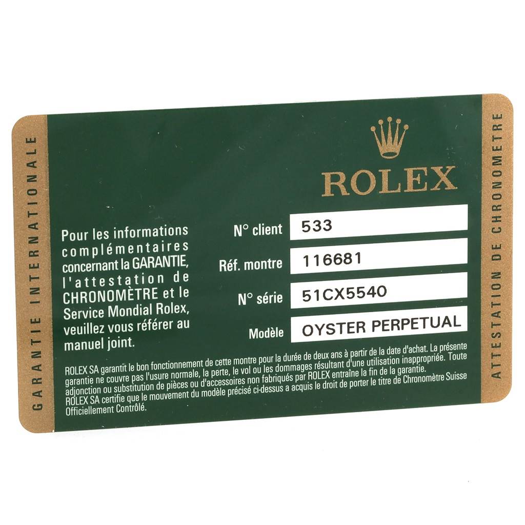 The image shows a guarantee card for the Rolex Yacht-Master 116681 Men
s Steel and Gold (two tone) White Dial 116681 Men
s Steel and Gold (two tone) White Dial watch, printed with the model number and serial number.
