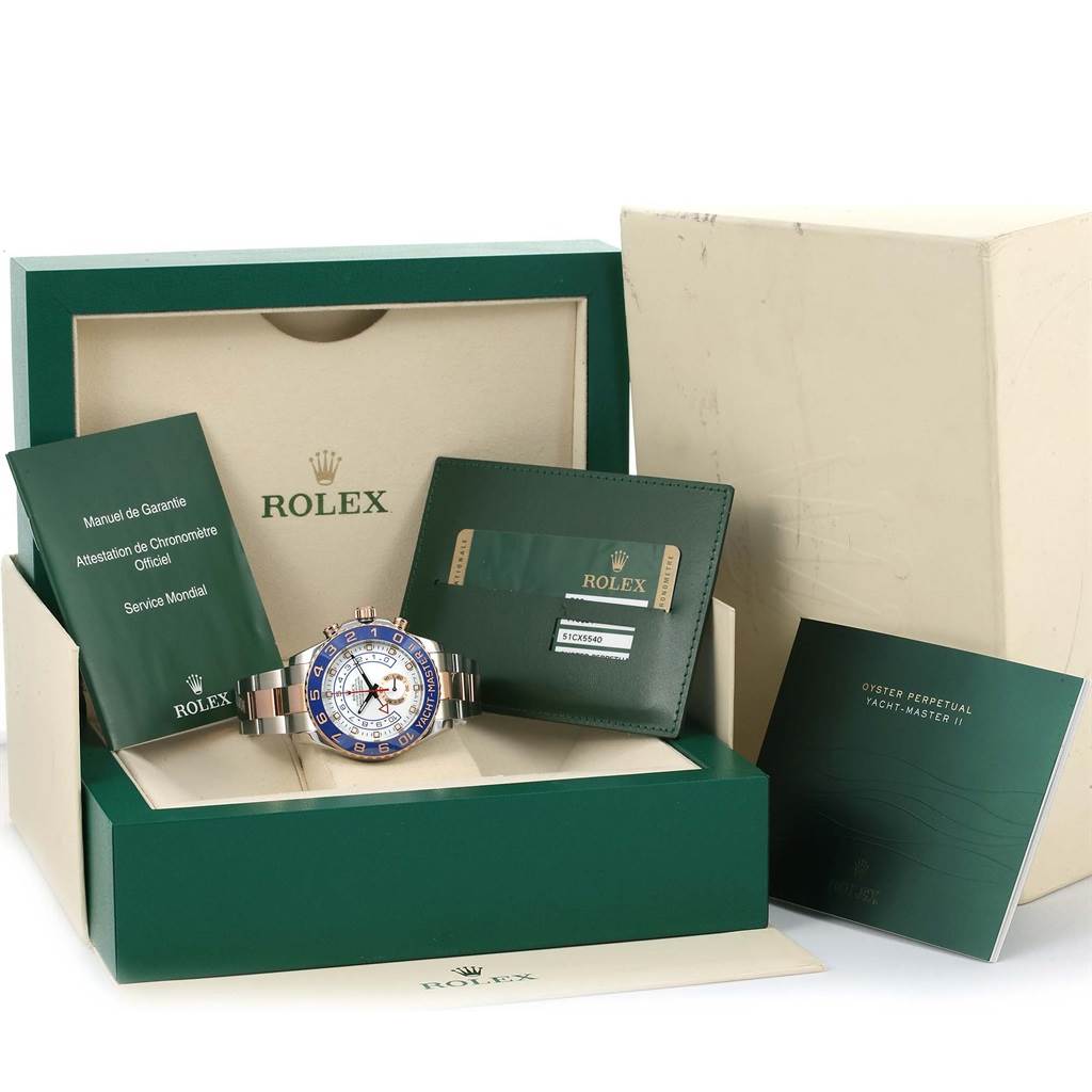 This Yacht-Master Rolex watch is displayed in its box with accompanying booklets and warranty card.