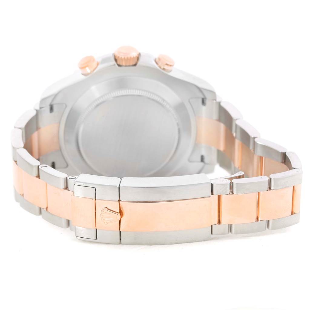 This Rolex Yacht-Master 116681 Men
s Steel and Gold (two tone) White Dial 116681 Men
s Steel and Gold (two tone) White Dial watch is shown from the rear, highlighting the stainless steel and rose gold bracelet and closed clasp.