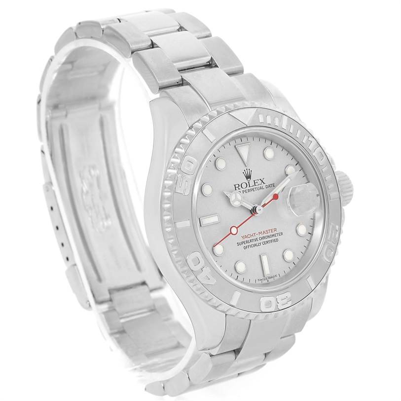 The image shows a Rolex Yacht-Master 16622 Men's Stainless Steel Silver Dial 16622 Men's Stainless Steel Silver Dial watch at a three-quarter angle, highlighting the face, bezel, and metal bracelet.