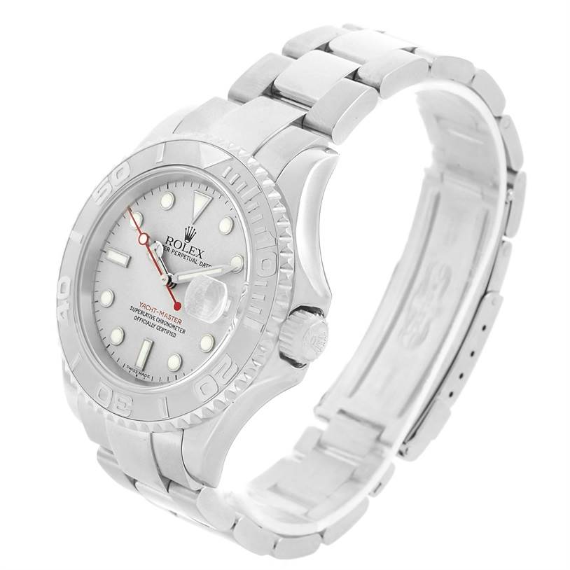 This image shows a front diagonal view of the Rolex Yacht-Master 16622 Men's Stainless Steel Silver Dial 16622 Men's Stainless Steel Silver Dial watch, highlighting the dial, bezel, and bracelet.