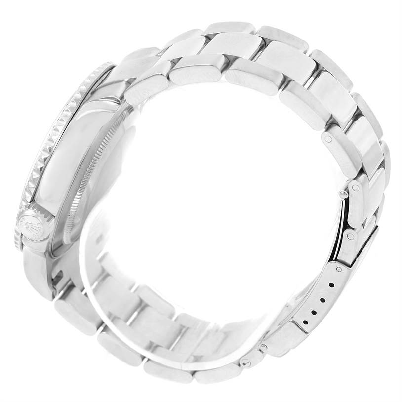 This image shows the side view of the Rolex Yacht-Master 16622 Men's Stainless Steel Silver Dial 16622 Men's Stainless Steel Silver Dial watch, highlighting its bracelet and clasp.