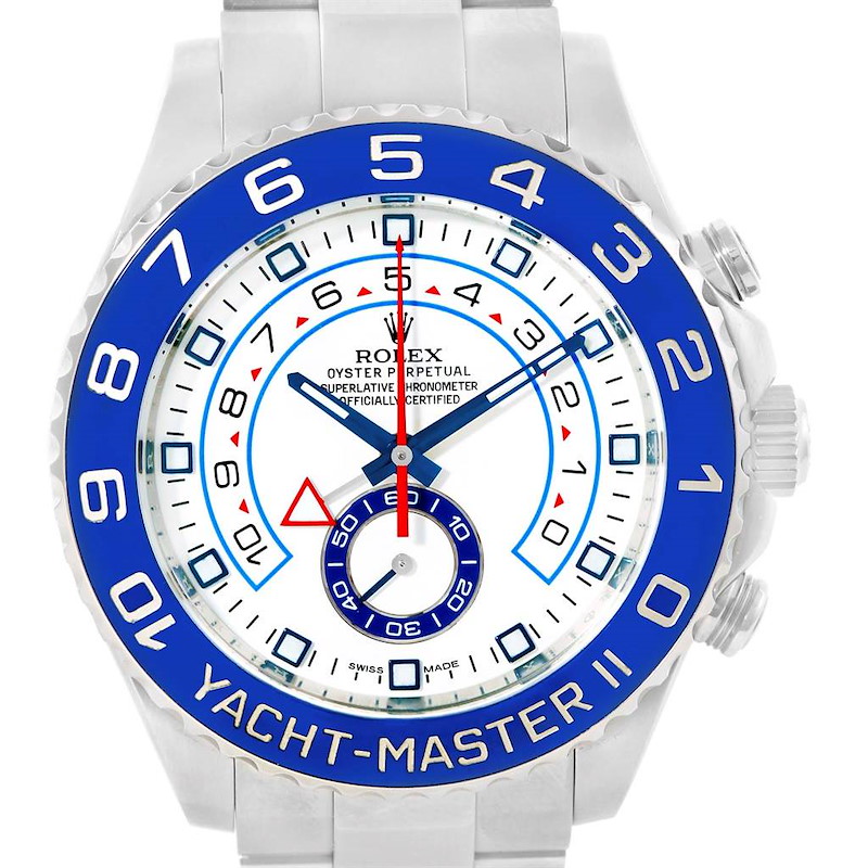 The image shows a frontal view of a Rolex Yacht-Master II watch, displaying its bezel, dial, hands, and bracelet.