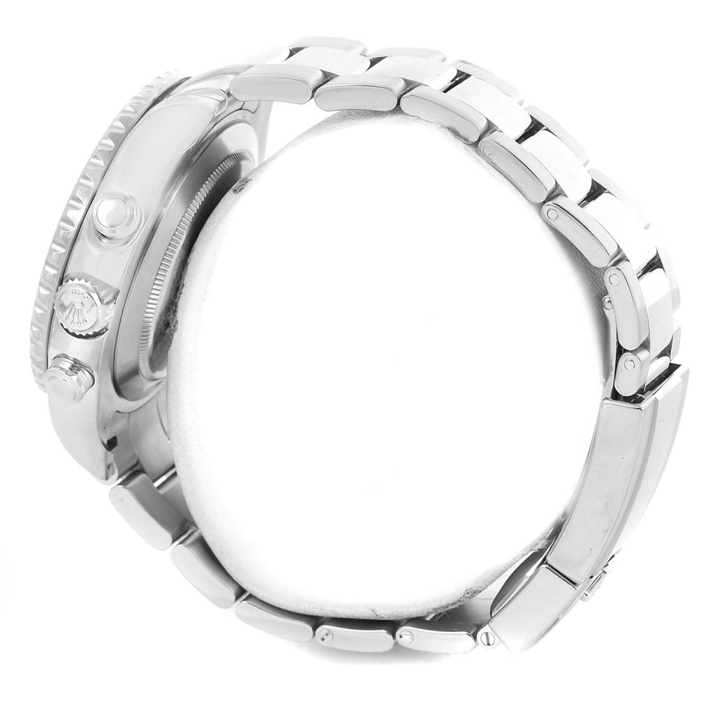 The Rolex Yacht-Master 116680 Men's Stainless Steel White Dial 116680 Men's Stainless Steel White Dial watch is shown from a side angle, highlighting the case, crown, and metal bracelet.