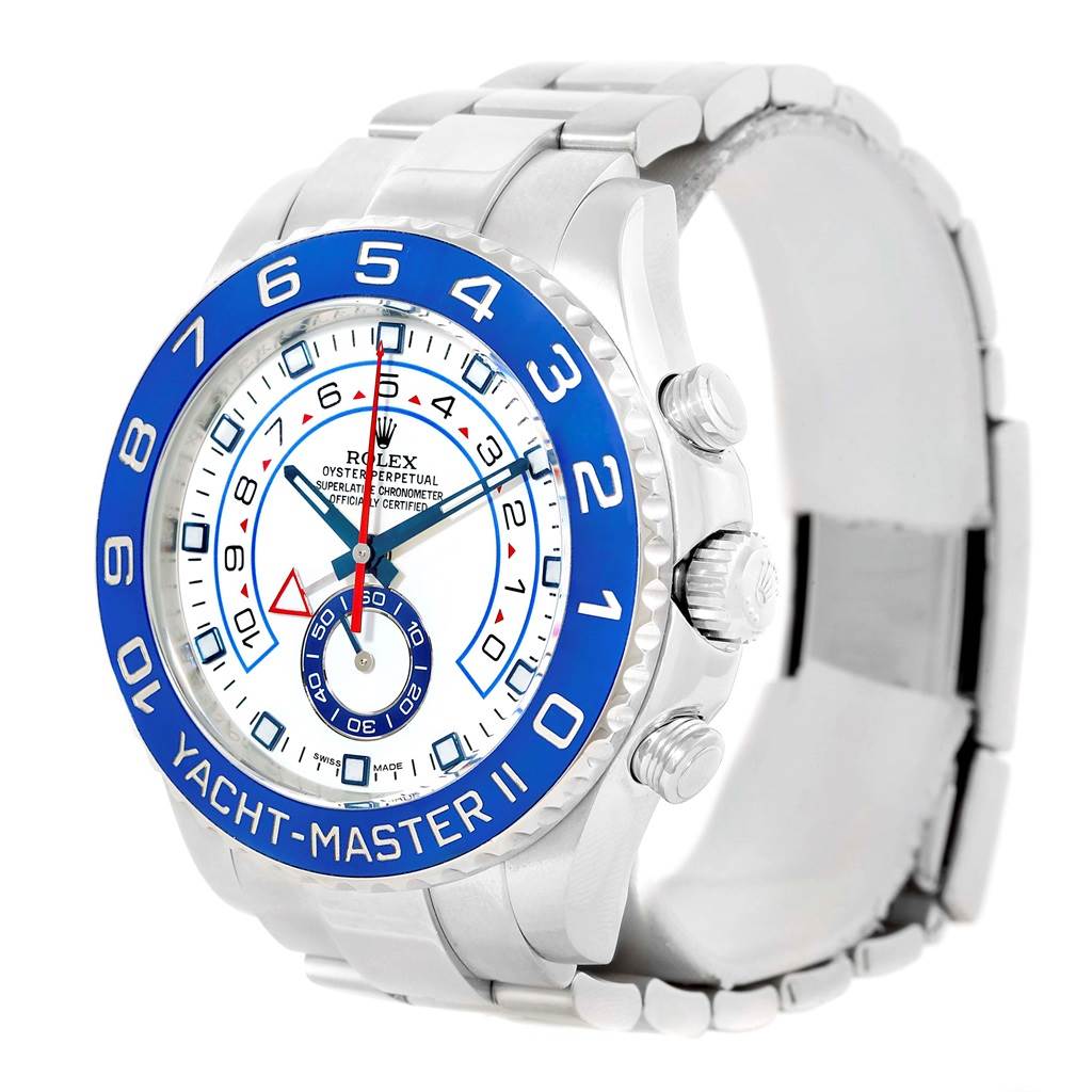 This Rolex Yacht-Master 116680 Men's Stainless Steel White Dial 116680 Men's Stainless Steel White Dial watch is shown from a front-left angle, highlighting its bezel, face, and bracelet.