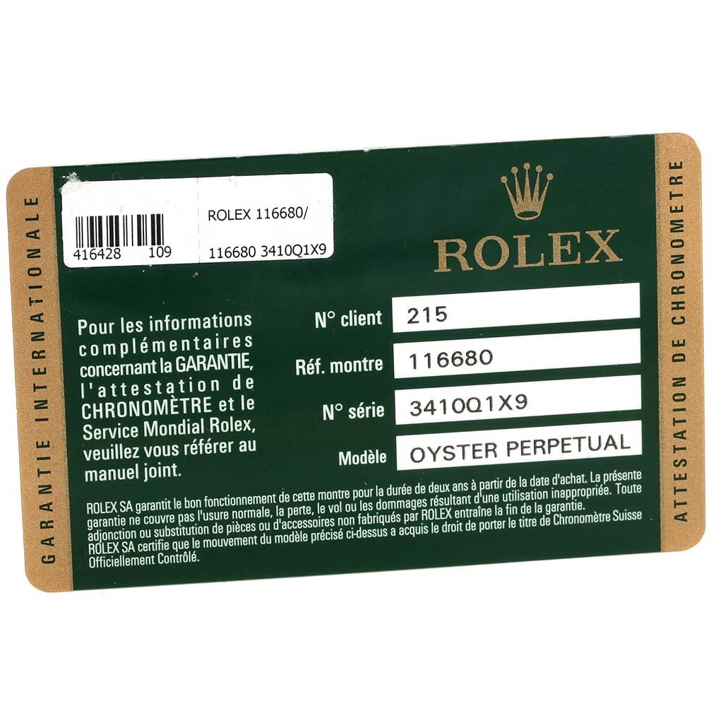 This image shows a warranty card for the Rolex Yacht-Master 116680 Men's Stainless Steel White Dial 116680 Men's Stainless Steel White Dial model, displaying reference and serial numbers.