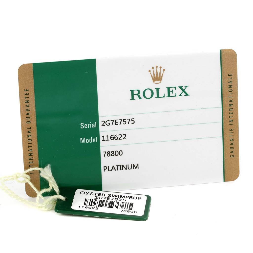 The image shows a Rolex warranty card and an Oyster Swimpruf tag for the Yacht-Master model 116622 watch.