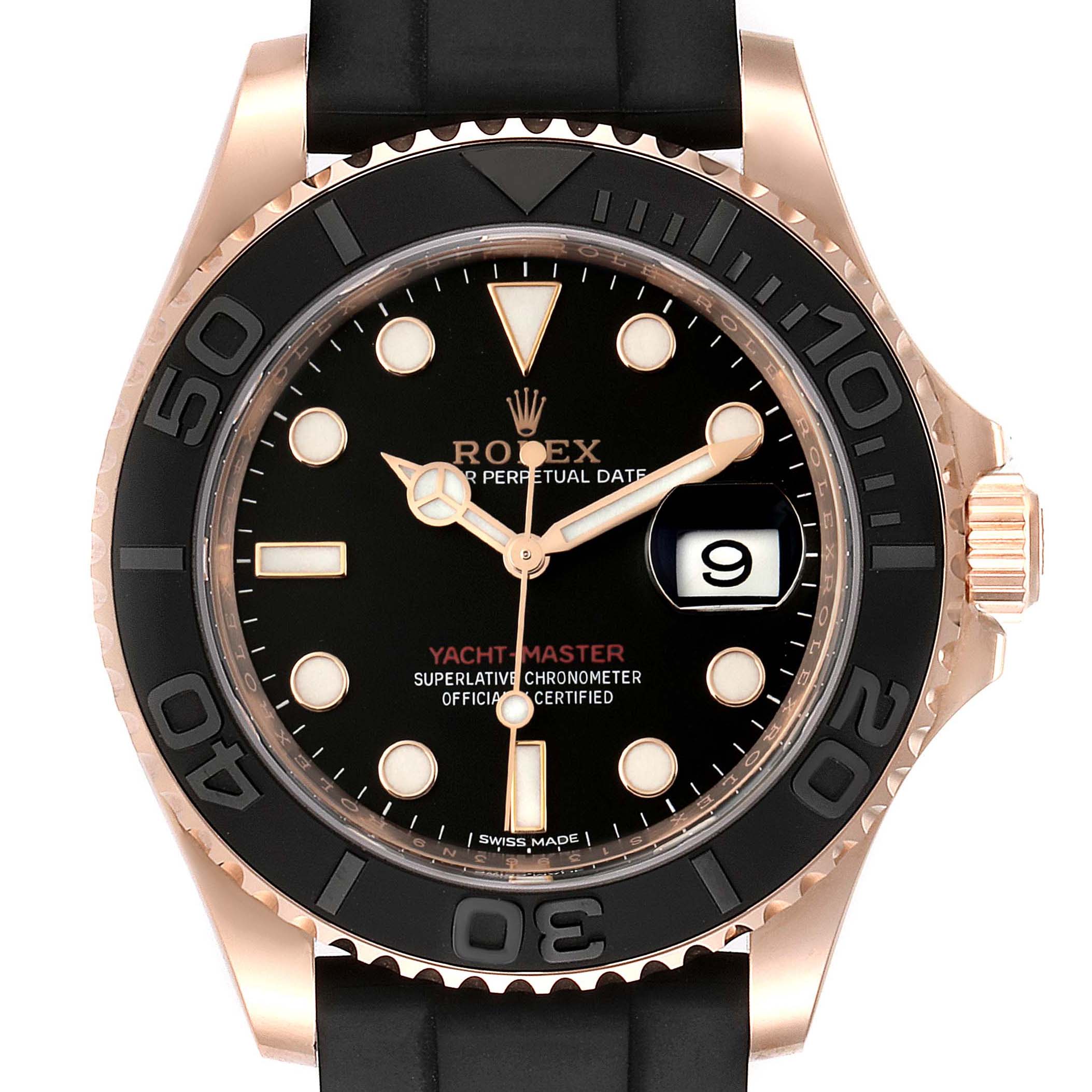 The image shows a front view of the Rolex Yacht-Master 116655 Men's Rose Gold Black Dial 116655 Men's Rose Gold Black Dial watch, displaying the dial, bezel, hands, and part of the strap.
