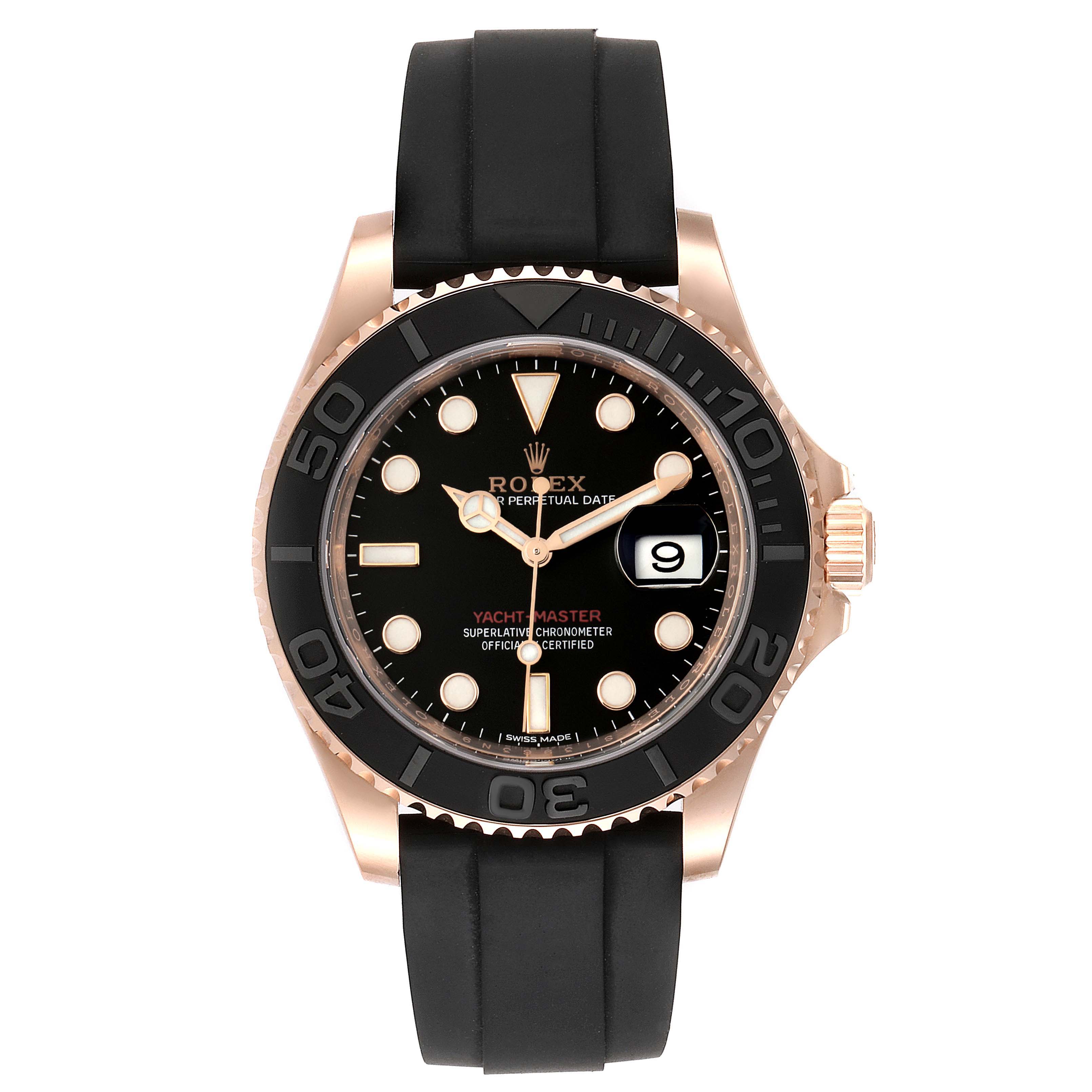 The image shows a front view of the Rolex Yacht-Master 116655 Men's Rose Gold Black Dial 116655 Men's Rose Gold Black Dial watch displaying the face, bezel, and rubber strap.