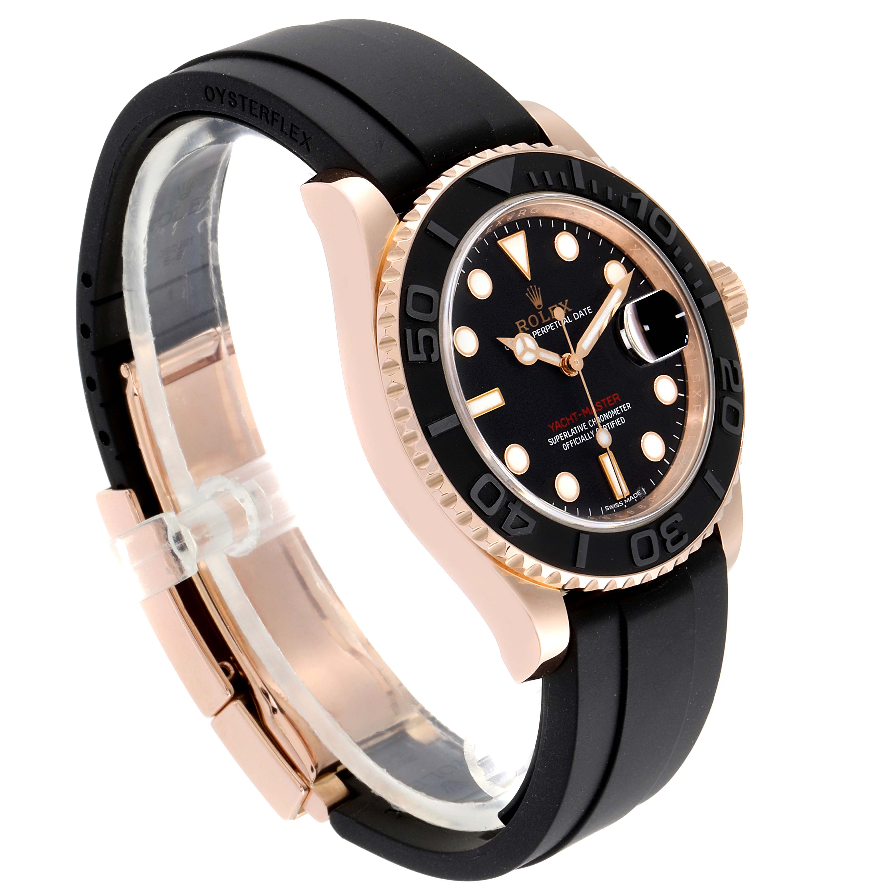 The Rolex Yacht-Master 116655 Men's Rose Gold Black Dial 116655 Men's Rose Gold Black Dial watch is shown at an angle highlighting the face, bezel, crown, and black Oysterflex strap.