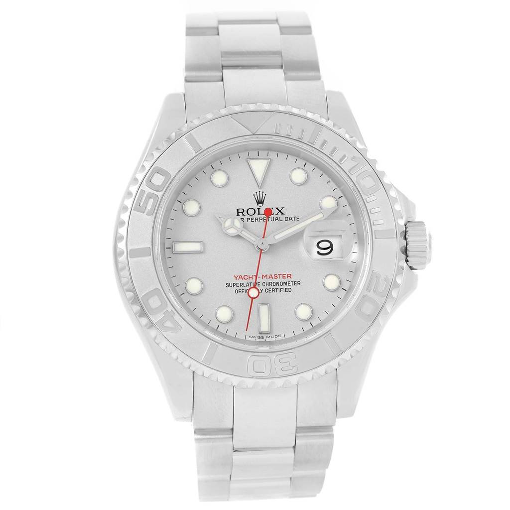 The image shows a Rolex Yacht-Master 16622 Men's Stainless Steel Silver Dial 16622 Men's Stainless Steel Silver Dial watch from the front, displaying the dial, bezel, date and bracelet.