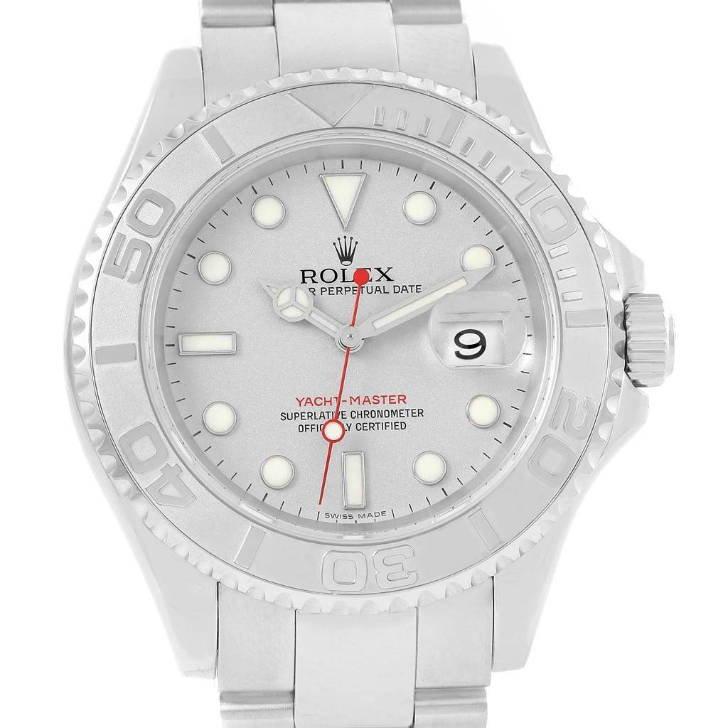The image shows a front view of the Rolex Yacht-Master 16622 Men's Stainless Steel Silver Dial 16622 Men's Stainless Steel Silver Dial watch, displaying its dial, bezel, crown, and part of the bracelet.